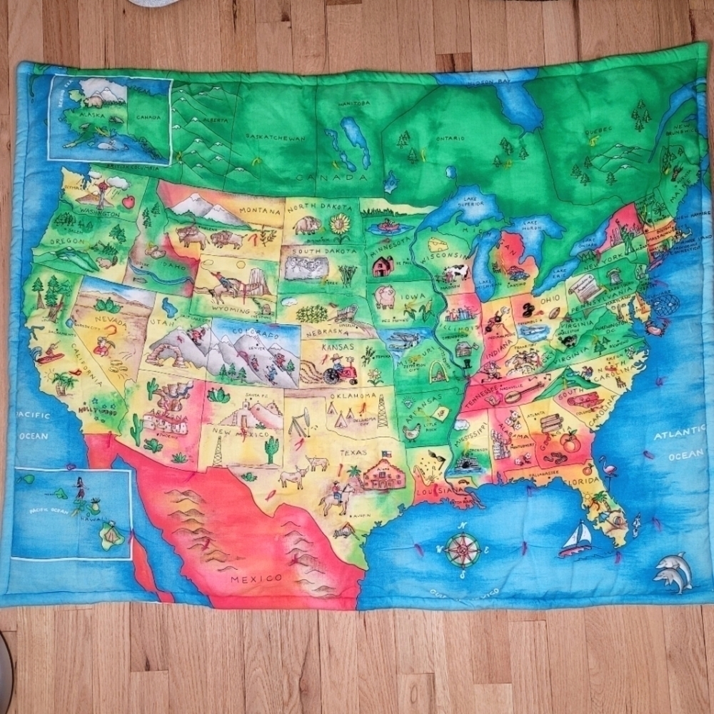 Vintage Handmade United States Map State Characteristics Quilt Floral Historical